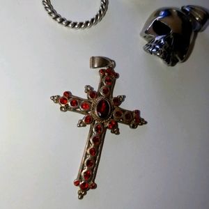 Vintage 925 sterling and garnet cross. 2". Gothic.
